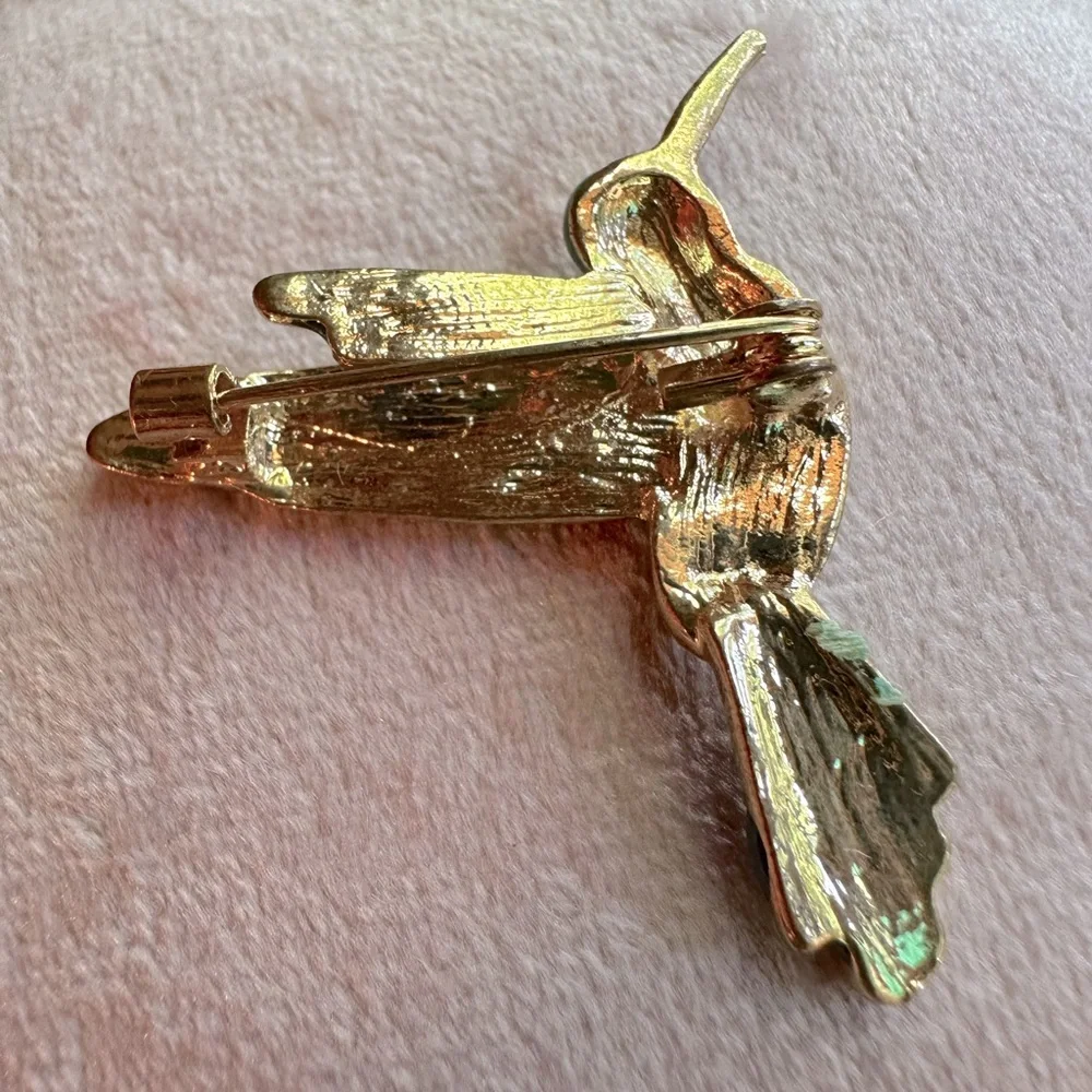 Turquoise, Blue & Yellow Hummingbird Brooch Pin Crystals Rhinestones & Enamel - Picture 6 of 12